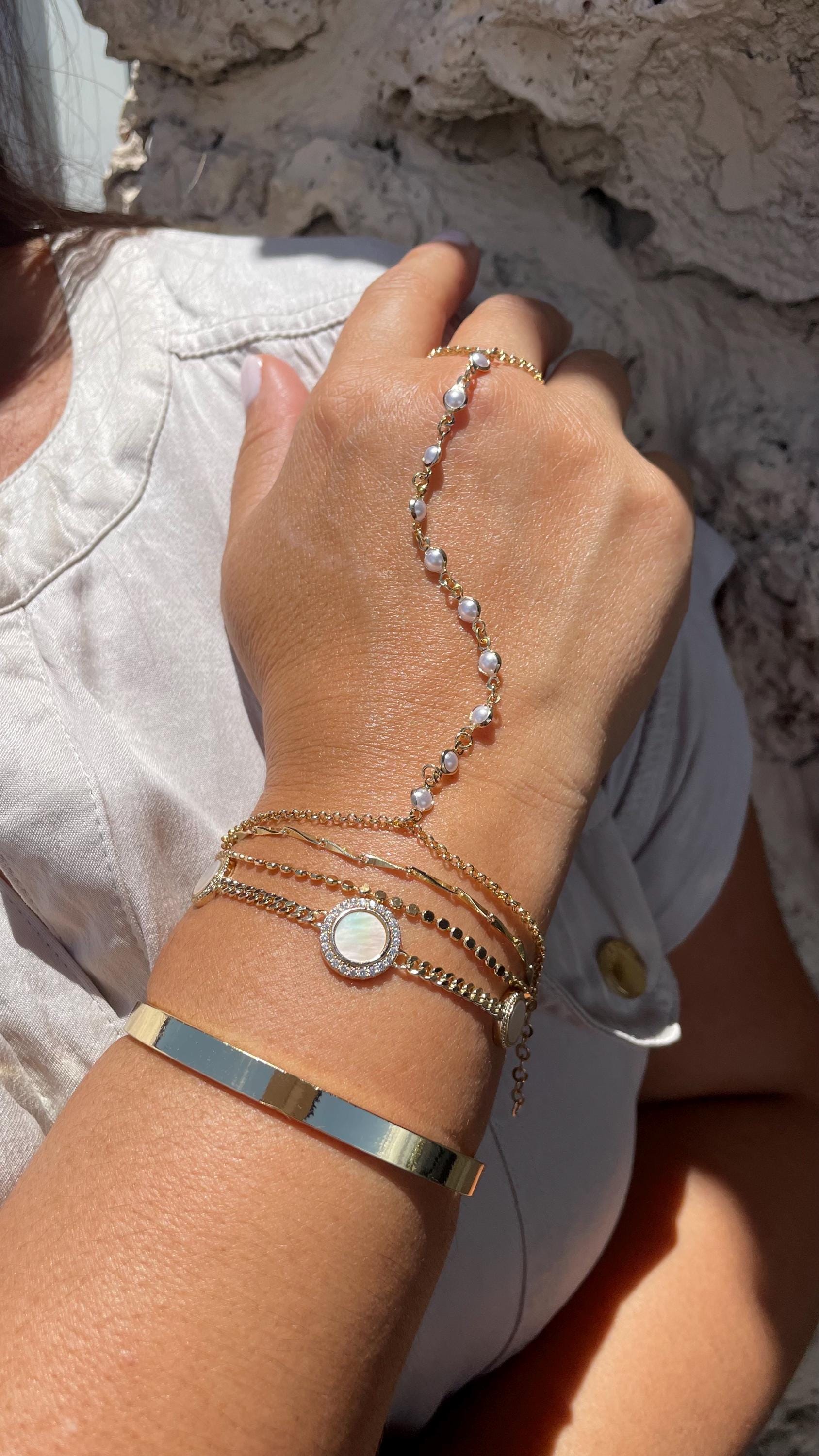 18k Dainty Gold Filled Beaded Round Pearl Satellite Bracelet Clone