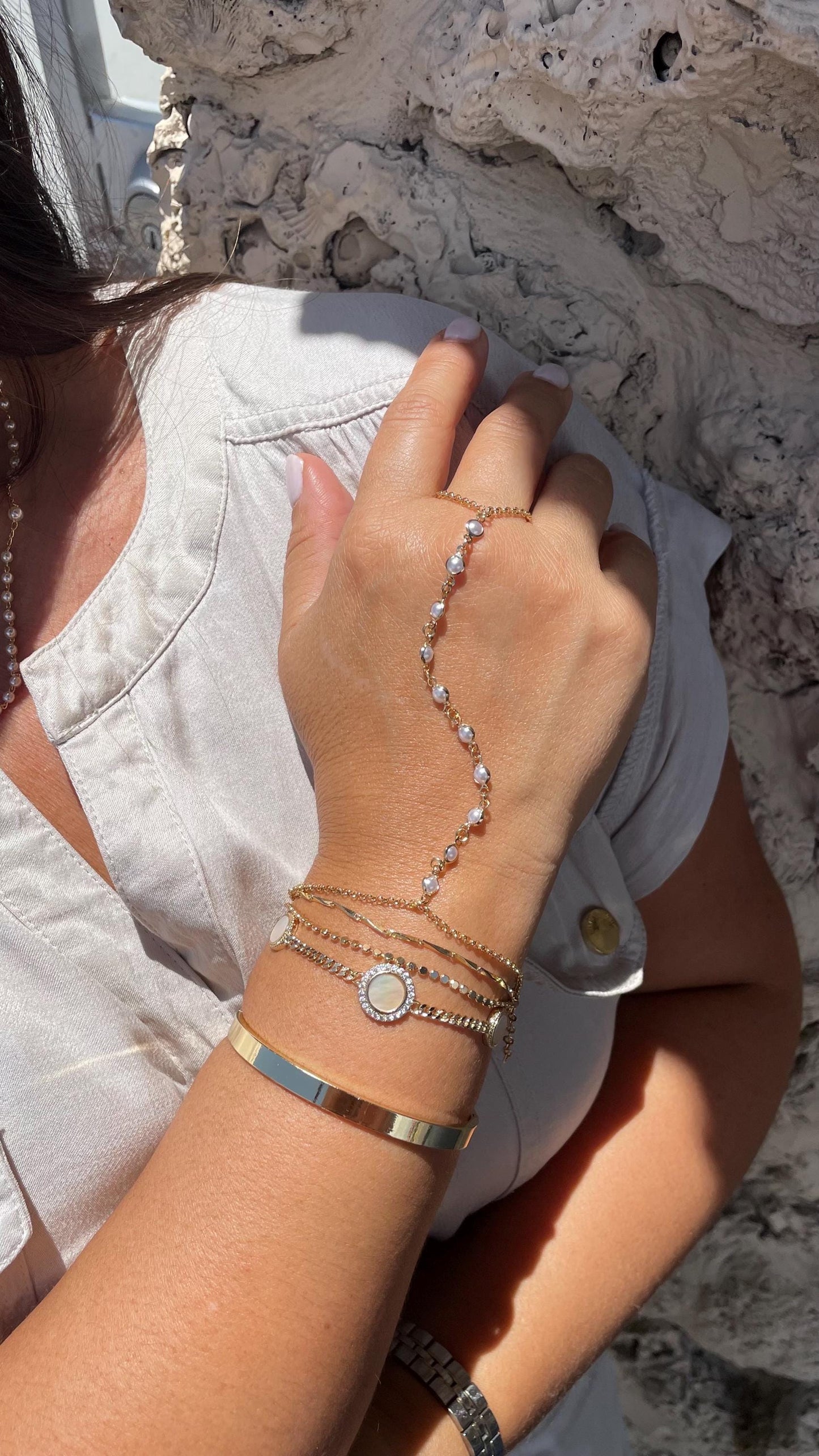 18k Dainty Gold Filled Beaded Round Pearl Satellite Bracelet Clone