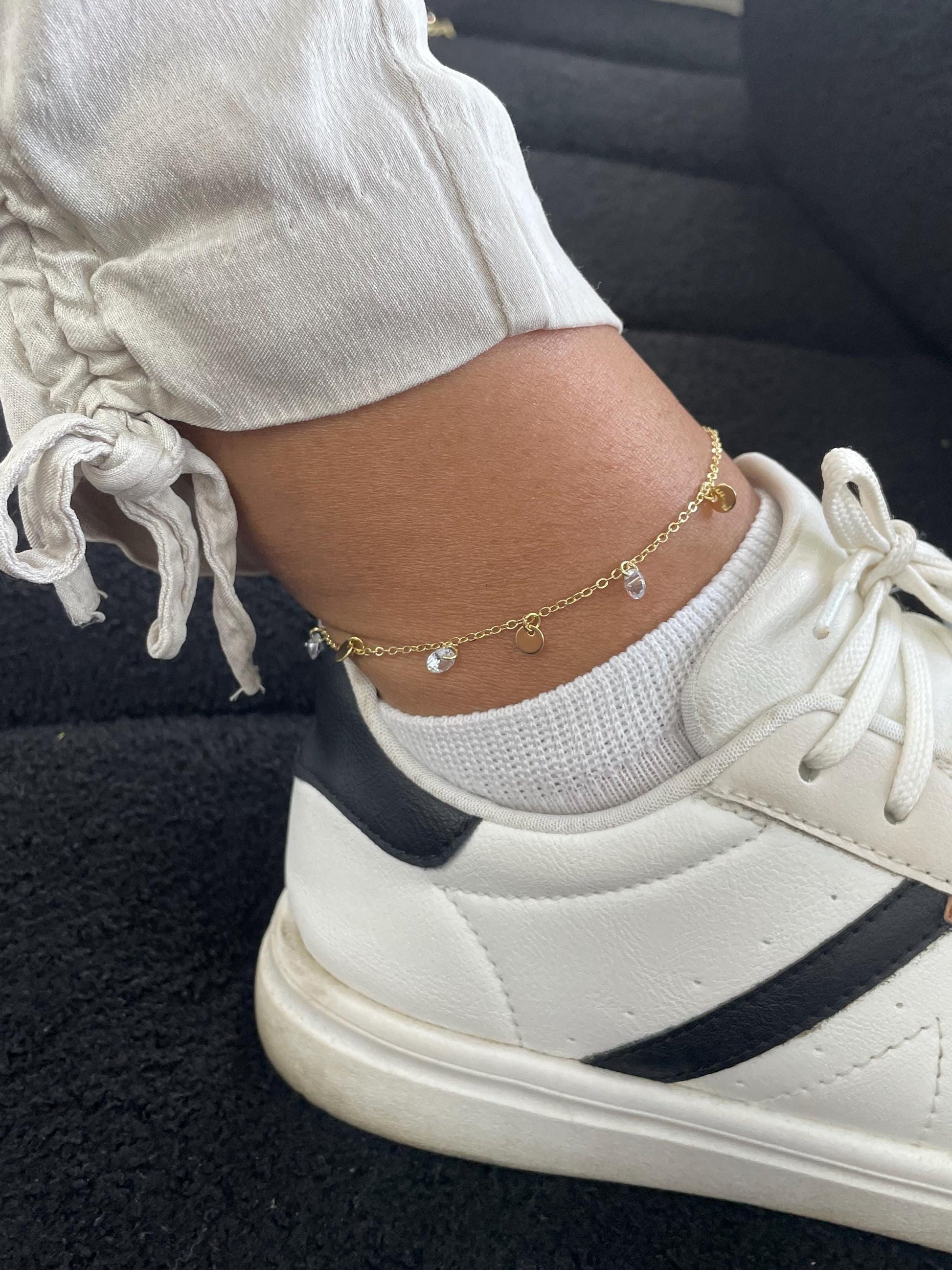 18k Gold Filled Dainty Round CZ Charm Anklet, Summer Jewelry, Body Jewelry
