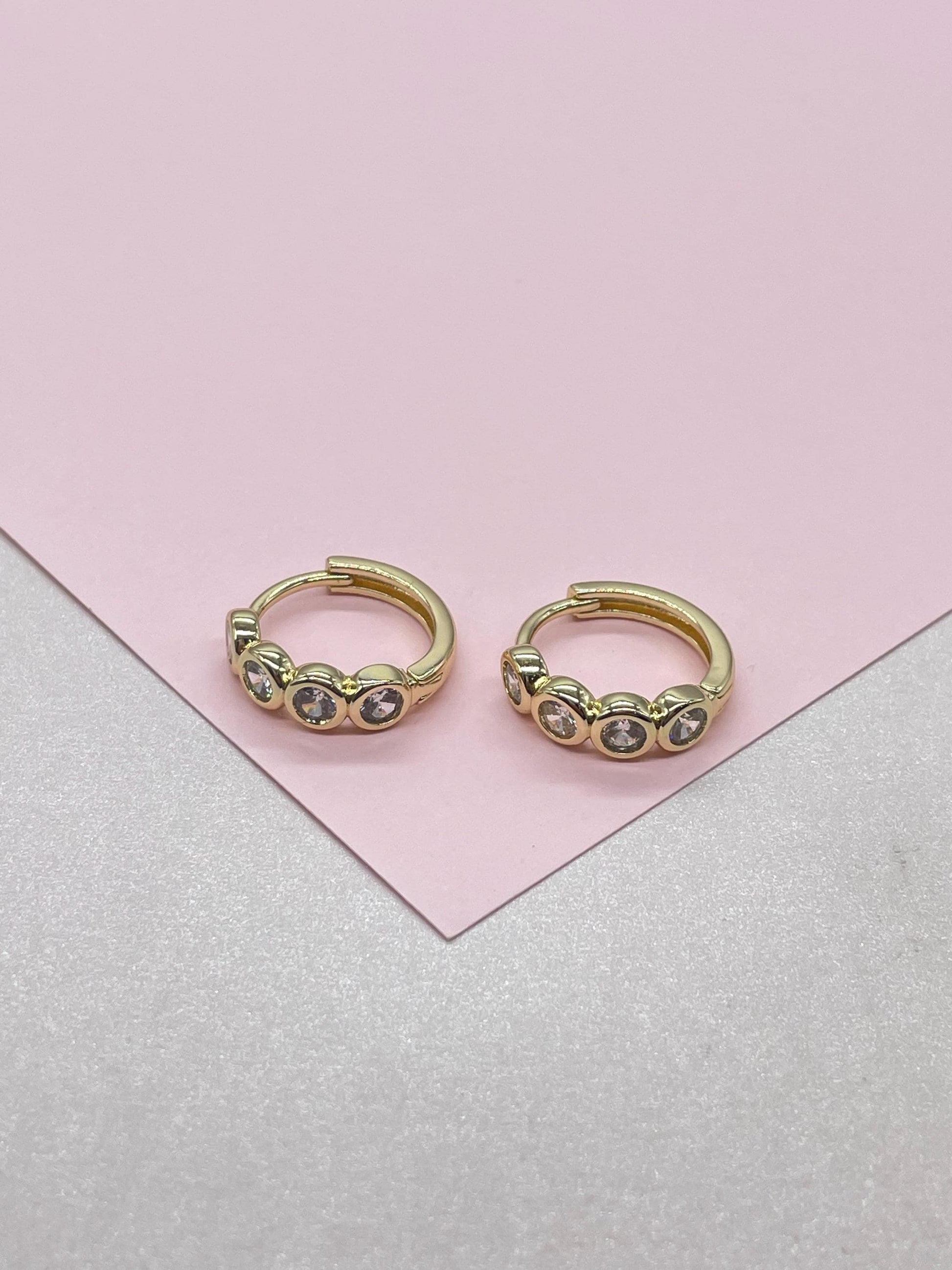 18k Gold Filled Bezeled Huggie Hoop CZ Pave Stones, Clicker Hoop