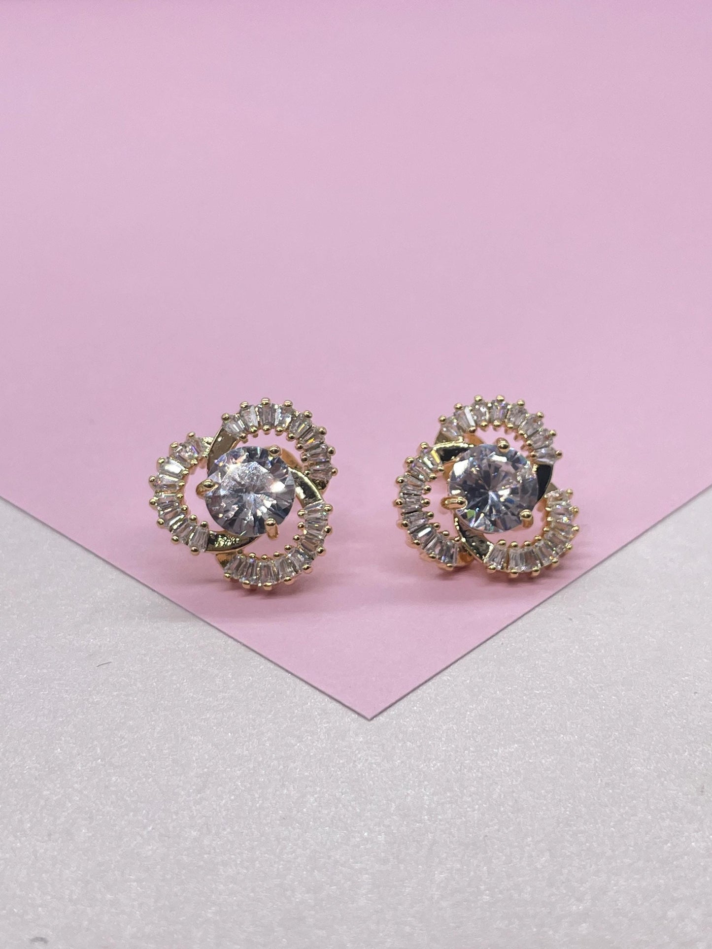 18k Gold Filled Flower Stud Earrings with CZ Stone