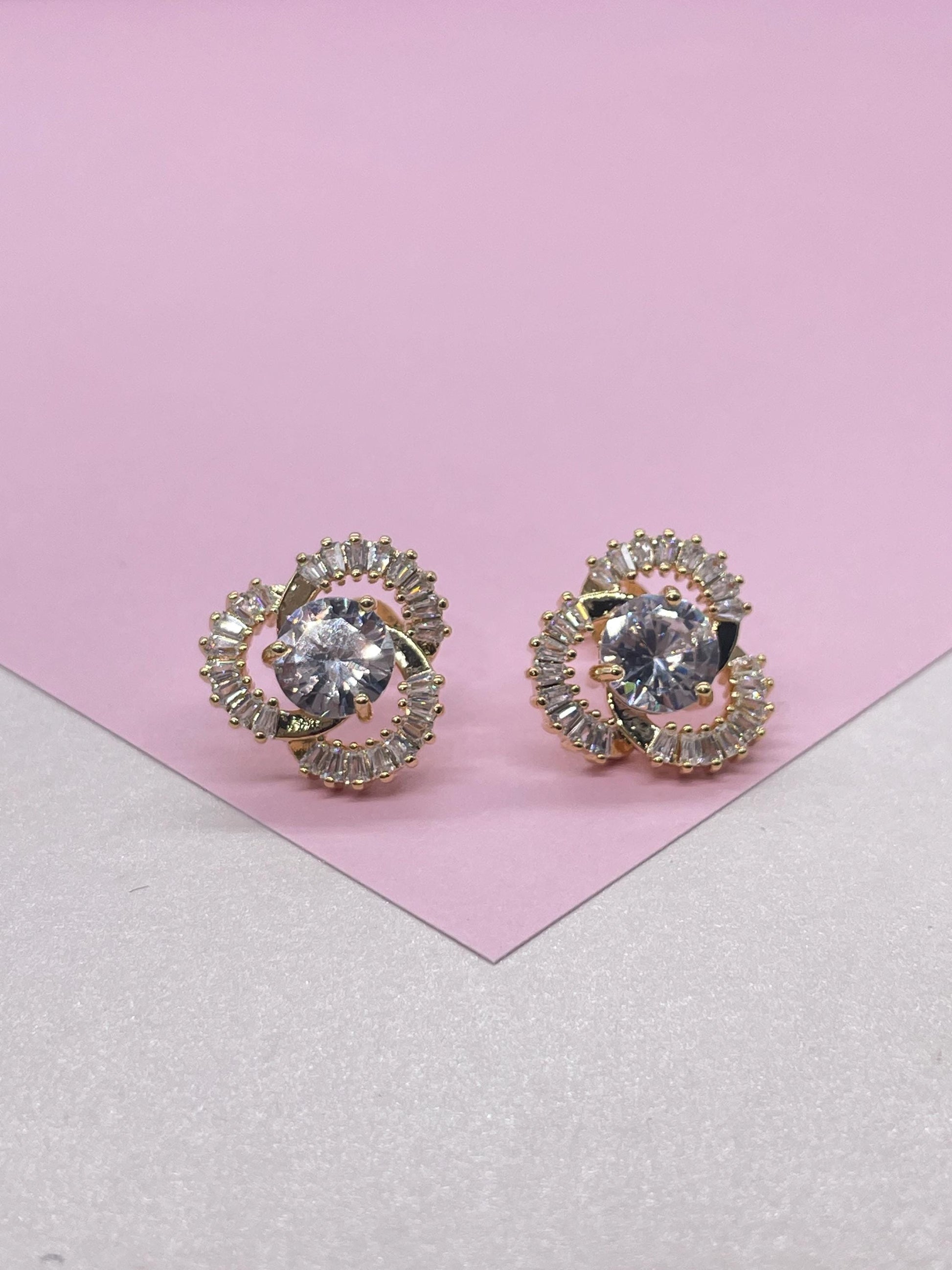 18k Gold Filled Flower Stud Earrings with CZ Stone