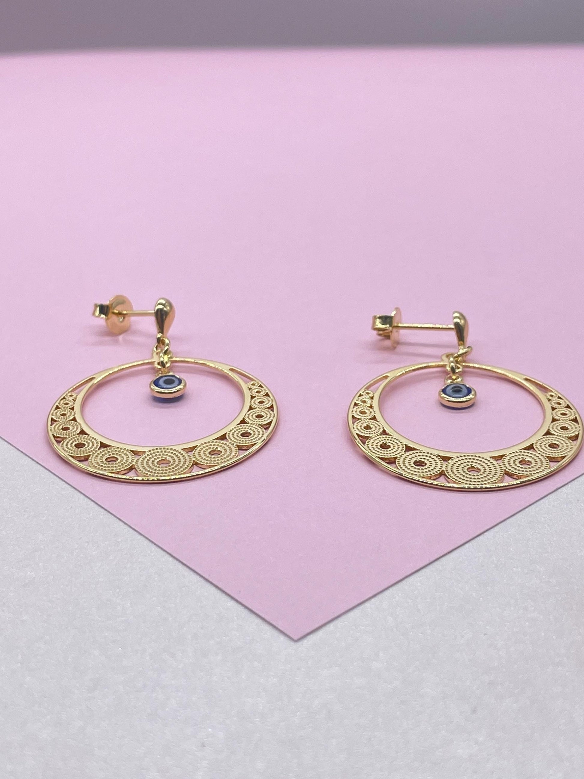 18k Gold Filled Dreamcatcher Earrings: Boho Dangle Jewelry, Round Shape tiny Evil Eye Attached for best of Luck