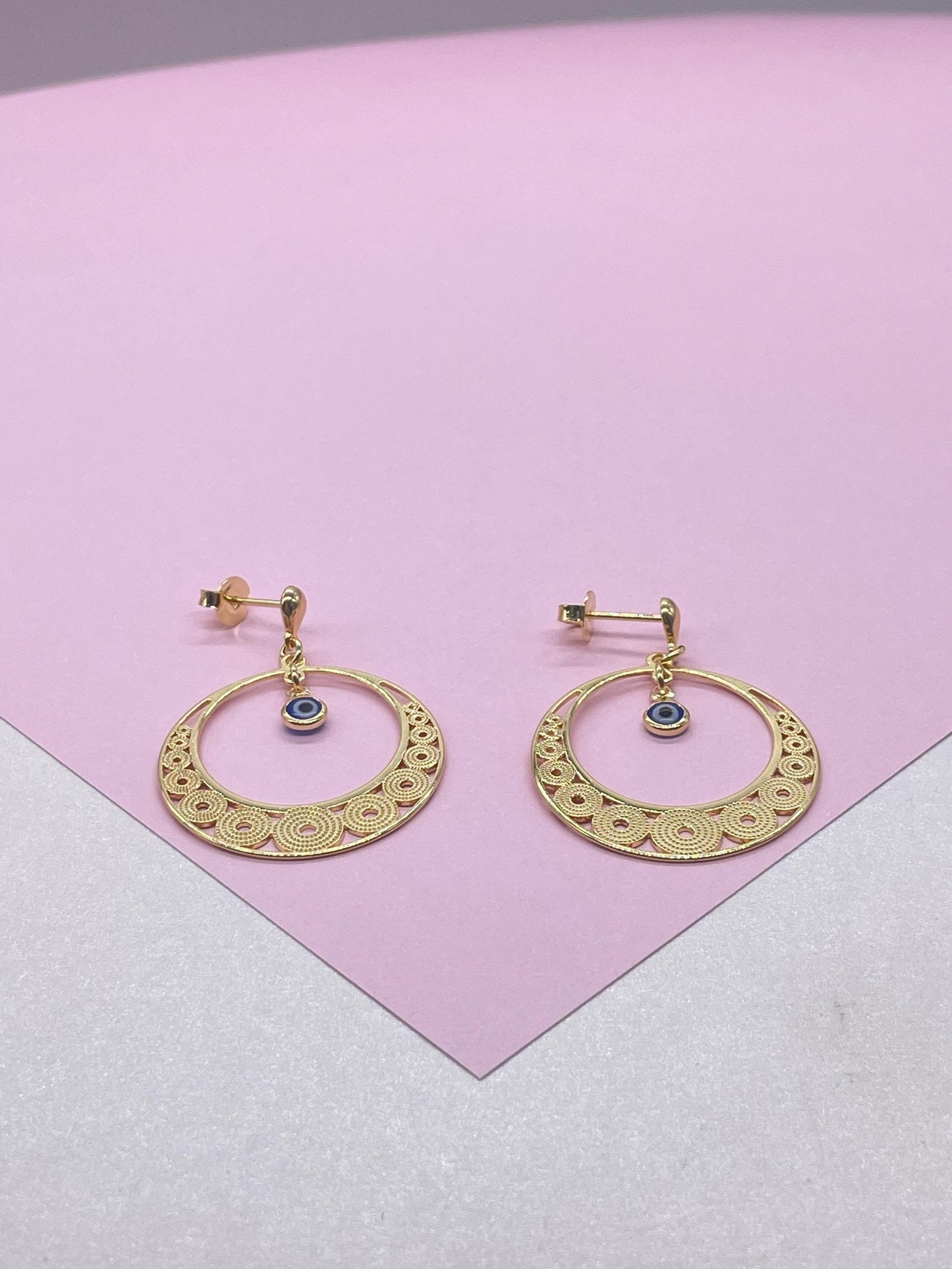18k Gold Filled Dreamcatcher Earrings: Boho Dangle Jewelry, Round Shape tiny Evil Eye Attached for best of Luck