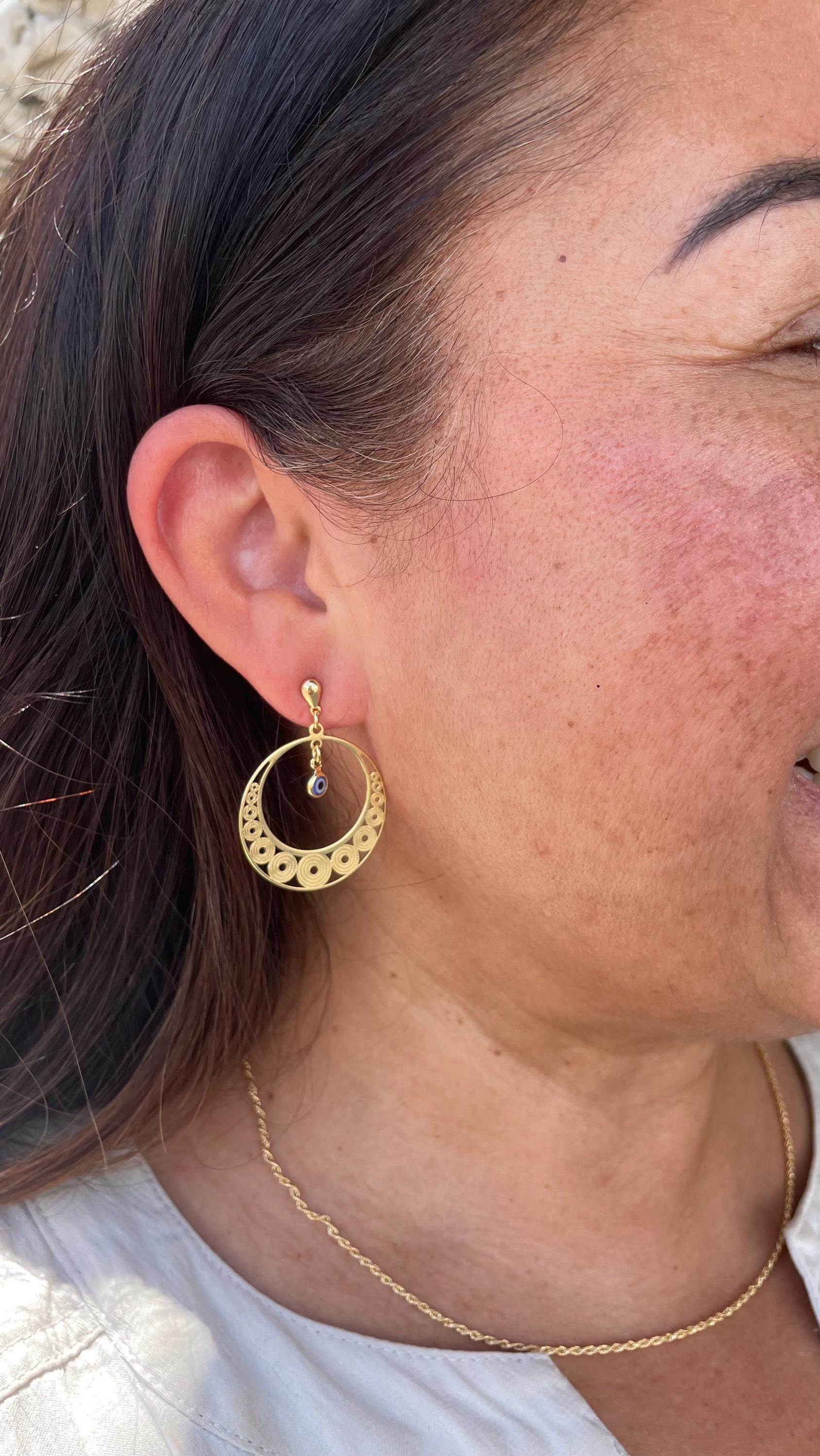 18k Gold Filled Dreamcatcher Earrings: Boho Dangle Jewelry, Round Shape tiny Evil Eye Attached for best of Luck