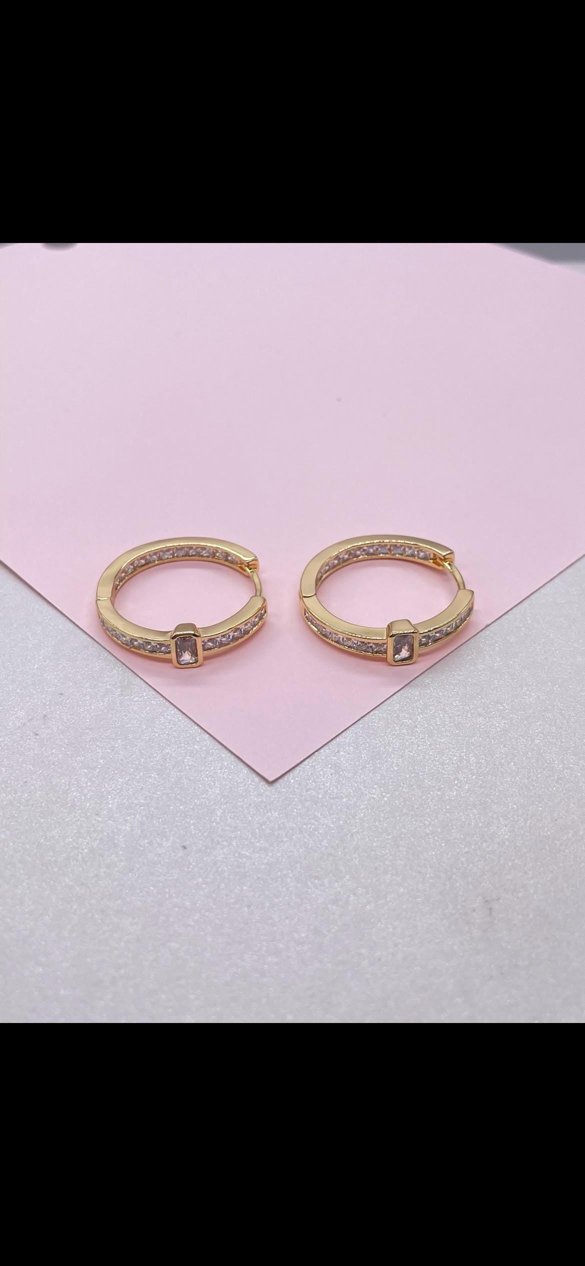 18k Gold Filled Inside & Out Baguette Stone Clicker -Hoop Earrings (26mm)