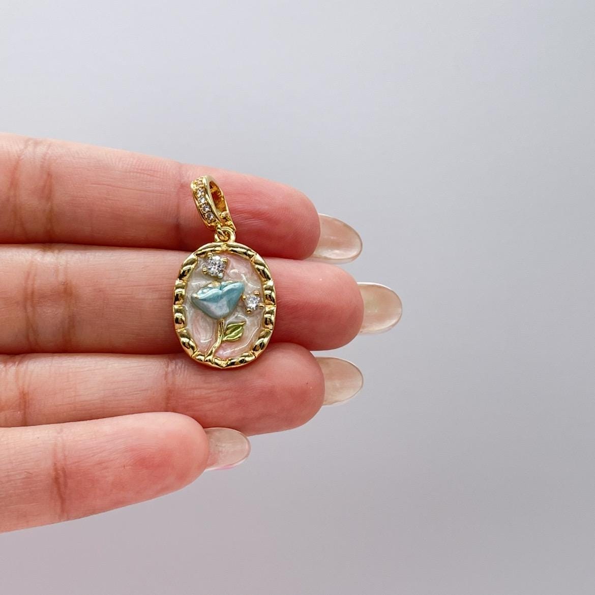 18k Gold Colorful Oval Enamel Heart Charm with CZ