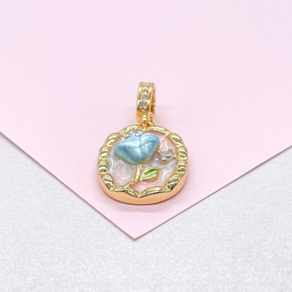 18k Gold Colorful Oval Enamel Heart Charm with CZ