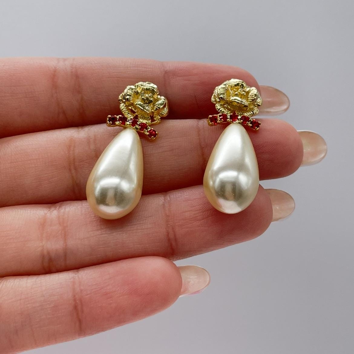 18k Gold Filled Flower & Long Pearl Tear Drop Earring