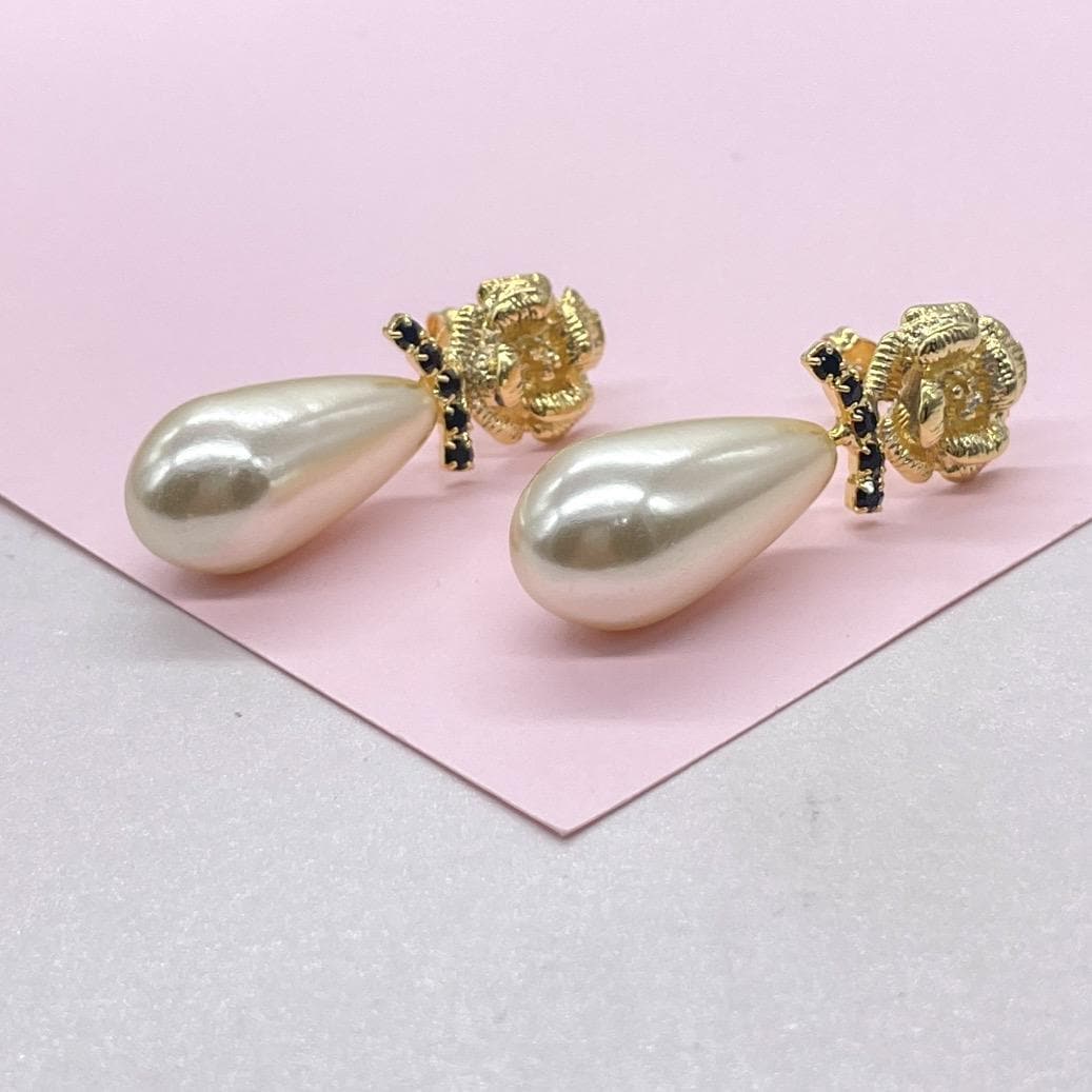 18k Gold Filled Flower & Long Pearl Tear Drop Earring