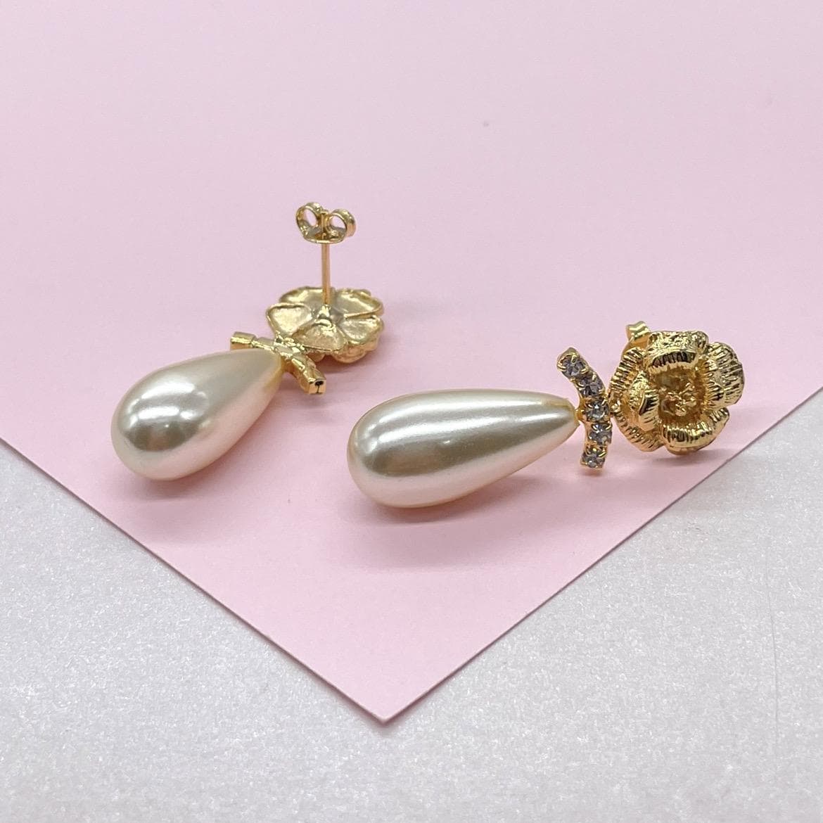 18k Gold Filled Flower & Long Pearl Tear Drop Earring
