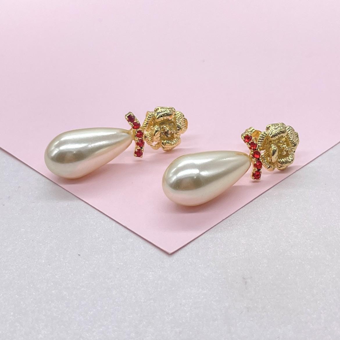 18k Gold Filled Flower & Long Pearl Tear Drop Earring