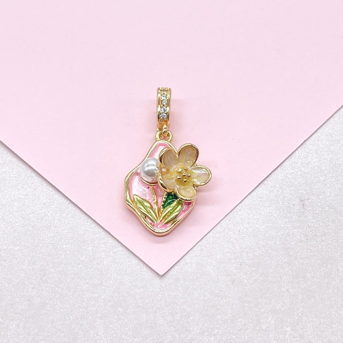 18k Gold Colorful Oval Enamel Heart Charm with 3D Flower and Faux Pearl Details