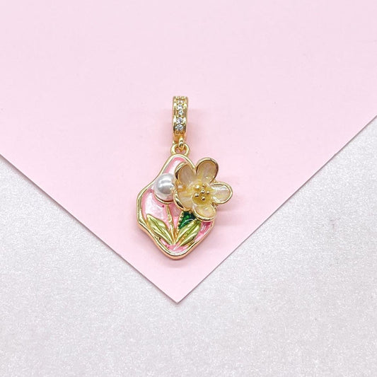 18k Gold Colorful Oval Enamel Heart Charm with 3D Flower and Faux Pearl Details