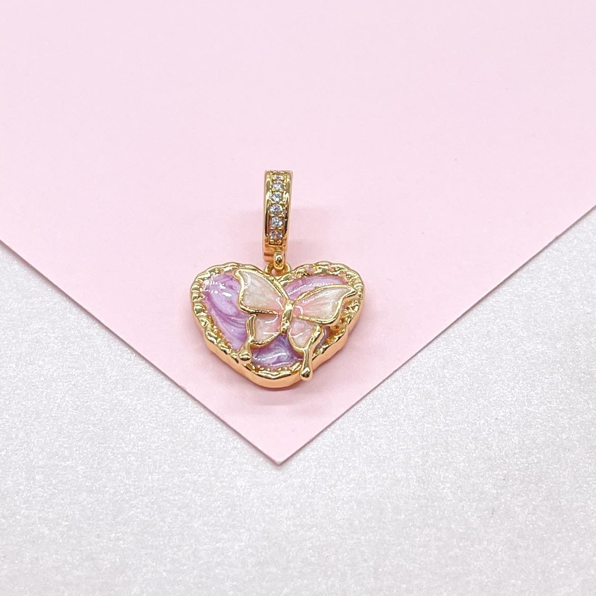 18k Gold Colorful Enamel Heart Charm with 3D Butterfly Details