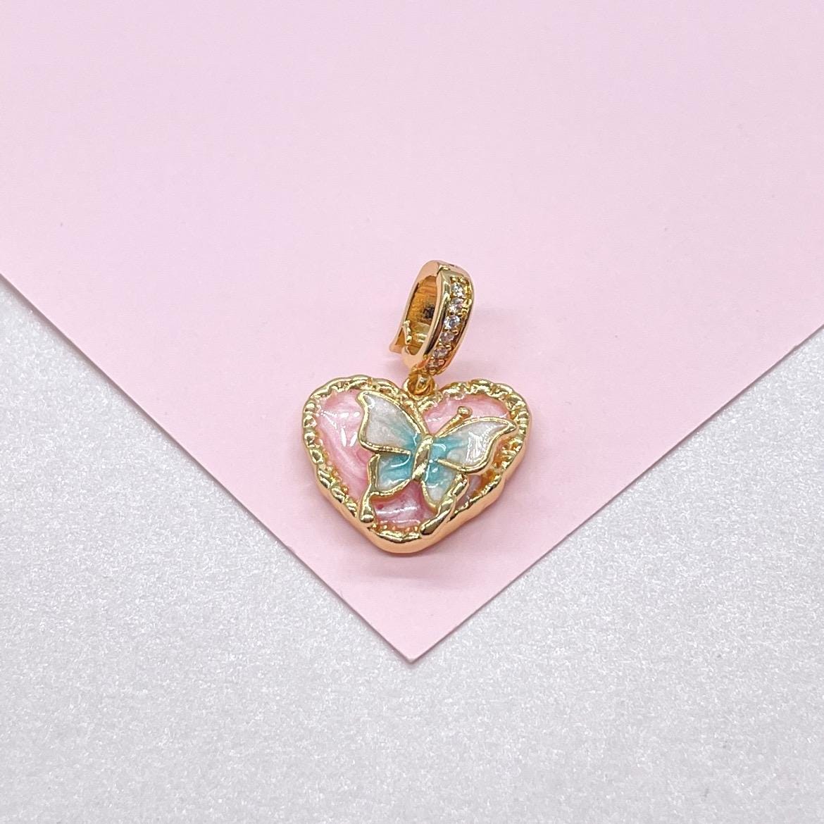 18k Gold Colorful Enamel Heart Charm with 3D Butterfly Details