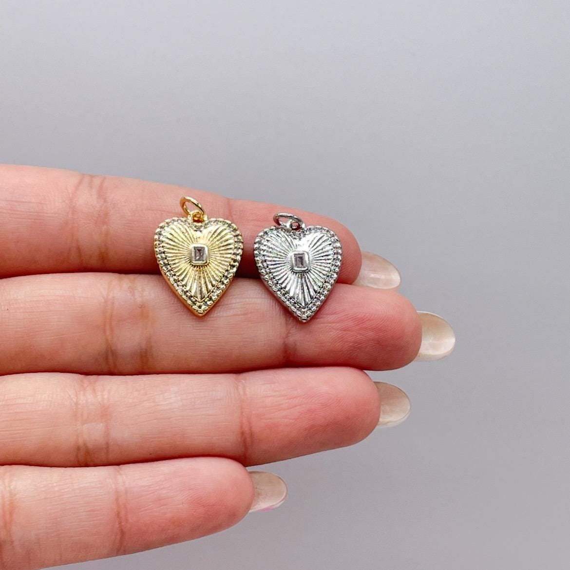 18k Gold Filled Sunburst Heart Charm with Bezel Emerald Cut CZ