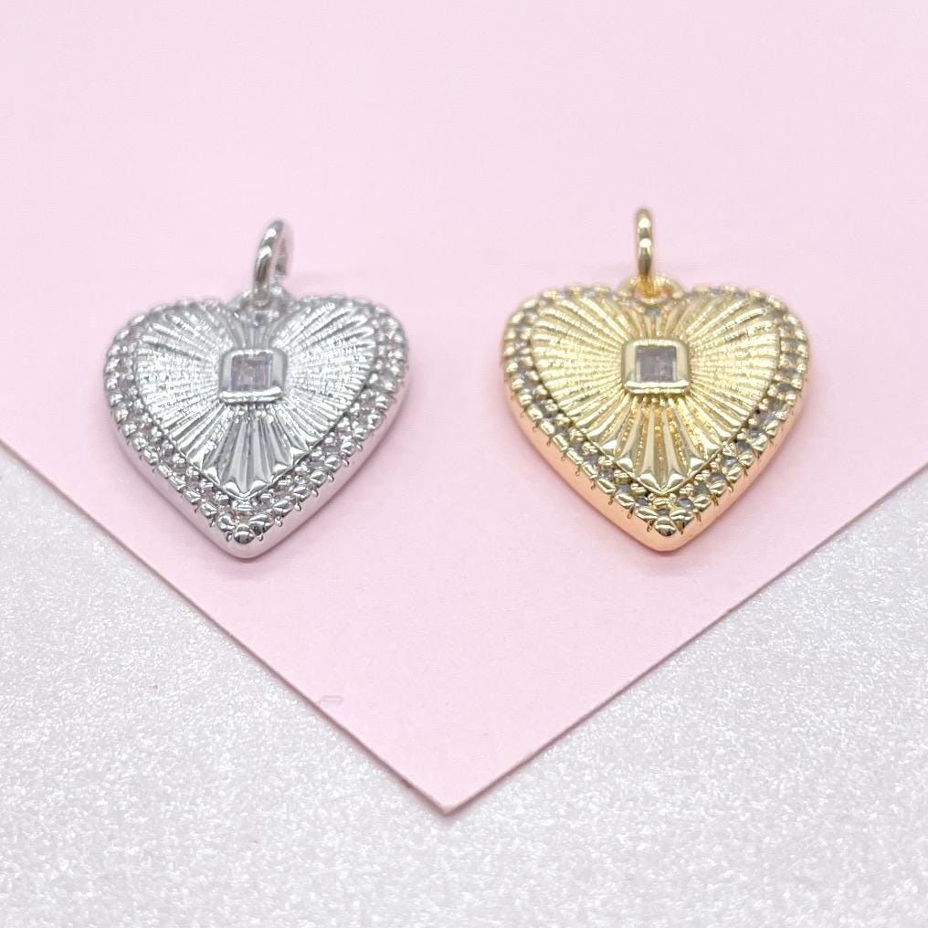 18k Gold Filled Sunburst Heart Charm with Bezel Emerald Cut CZ