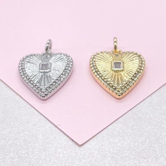 18k Gold Filled Sunburst Heart Charm with Bezel Emerald Cut CZ