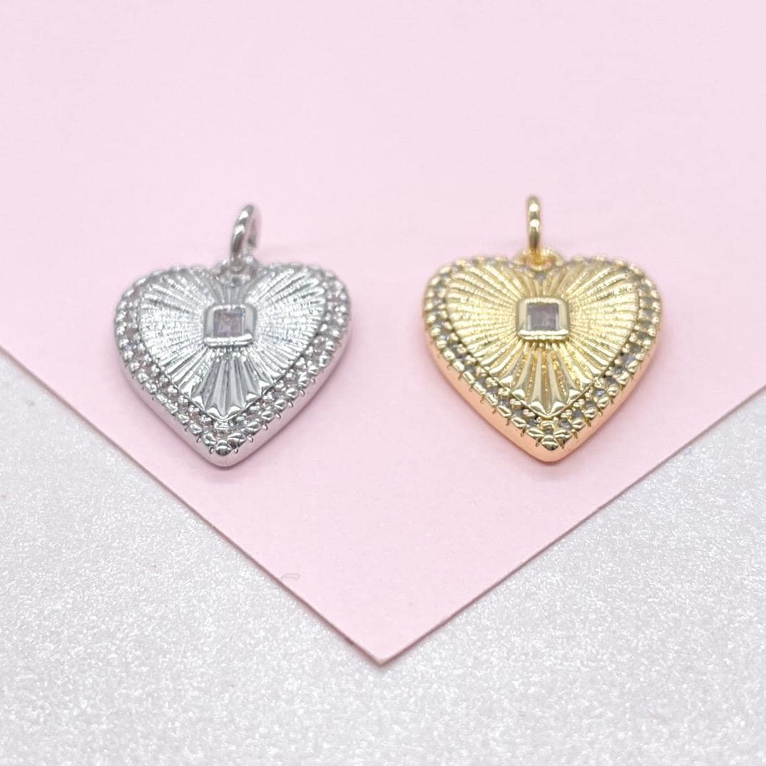 18k Gold Filled Sunburst Heart Charm with Bezel Emerald Cut CZ