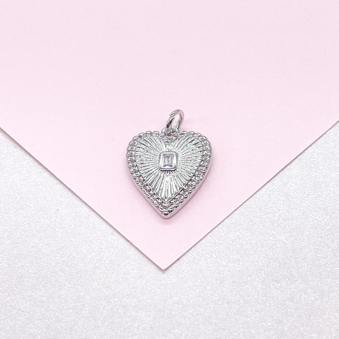 18k Gold Filled Sunburst Heart Charm with Bezel Emerald Cut CZ