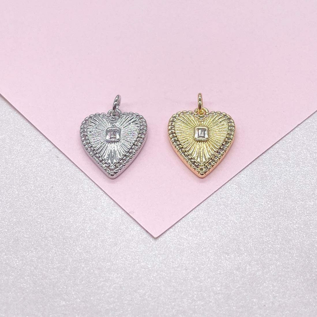 18k Gold Filled Sunburst Heart Charm with Bezel Emerald Cut CZ