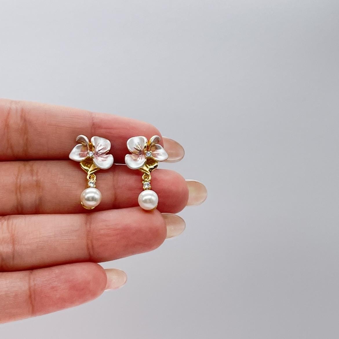 18k Gold Filled Hand Painted, Hibiscus Flower Earring with Dangling Faux Pearl