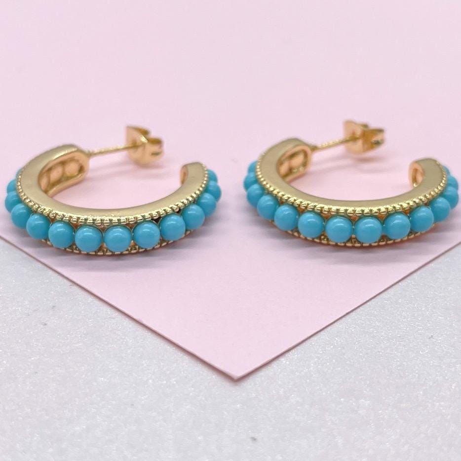 18k Gold Filled Turquoise Beaded 25mm Hoop Earrings