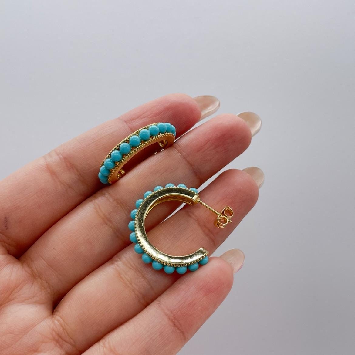 18k Gold Filled Turquoise Beaded 25mm Hoop Earrings
