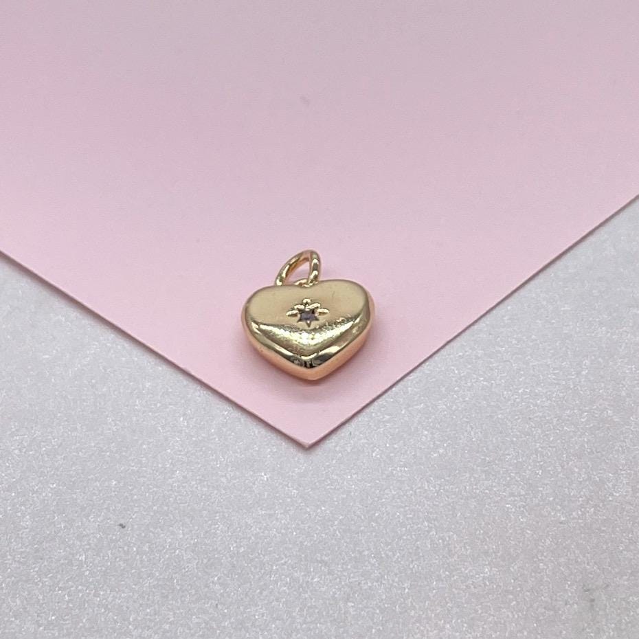 18k Gold Filled Smooth, Puffy Mini Heart Charm with Beveled Heart Stone, DIY charms