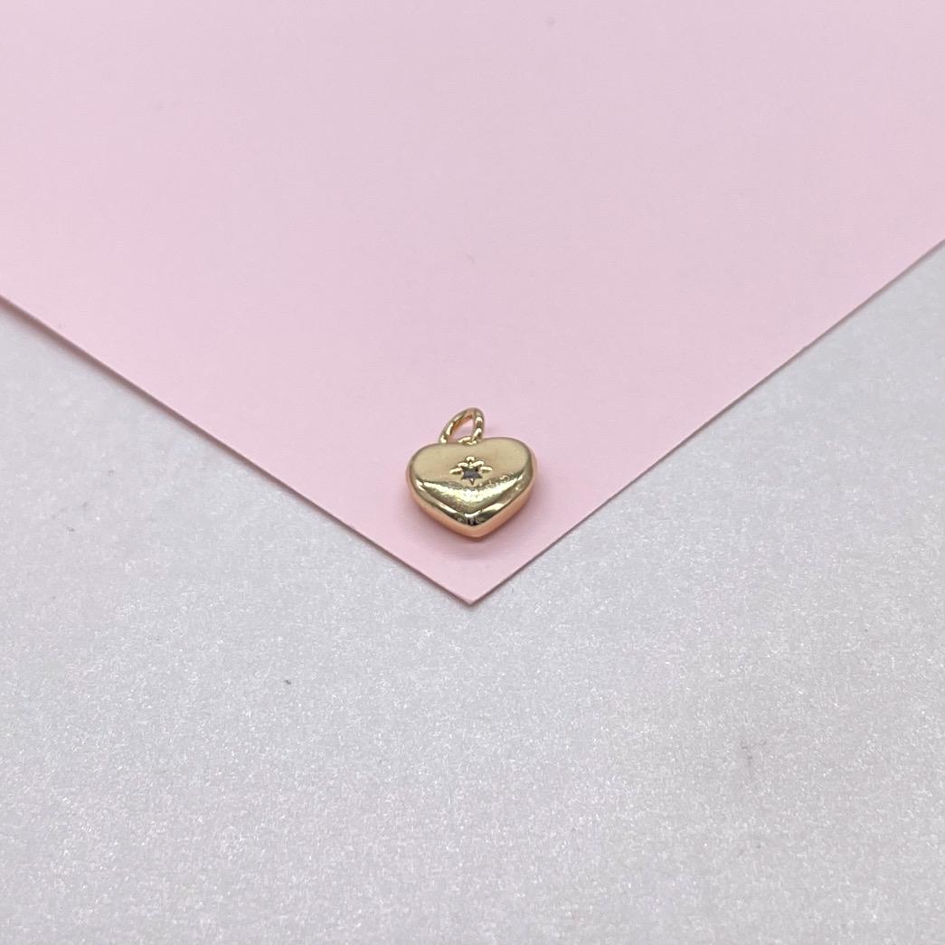 18k Gold Filled Smooth, Puffy Mini Heart Charm with Beveled Heart Stone, DIY charms