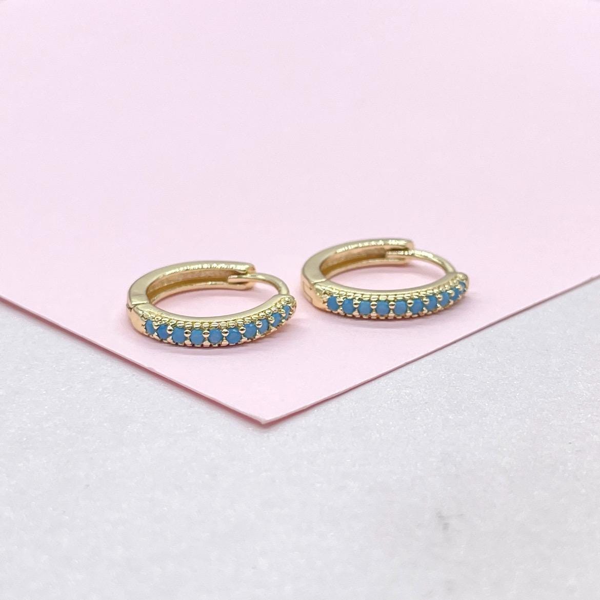 18k Gold Filled Turquoise Pave 15mm Hoop Earrings