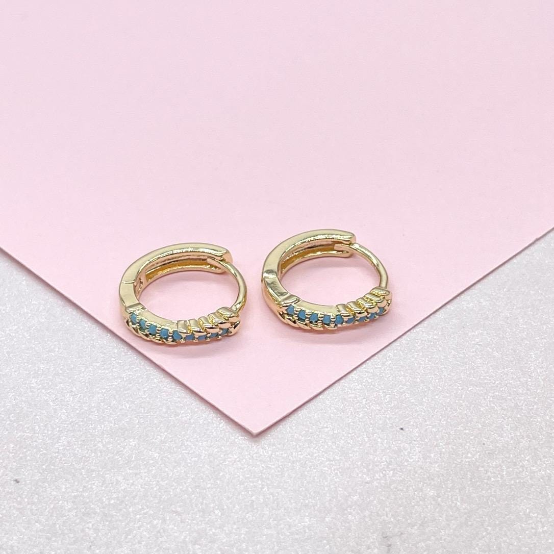 18k Gold Filled Turquoise Pave 15mm Hoop Earrings, Narrow Row Style