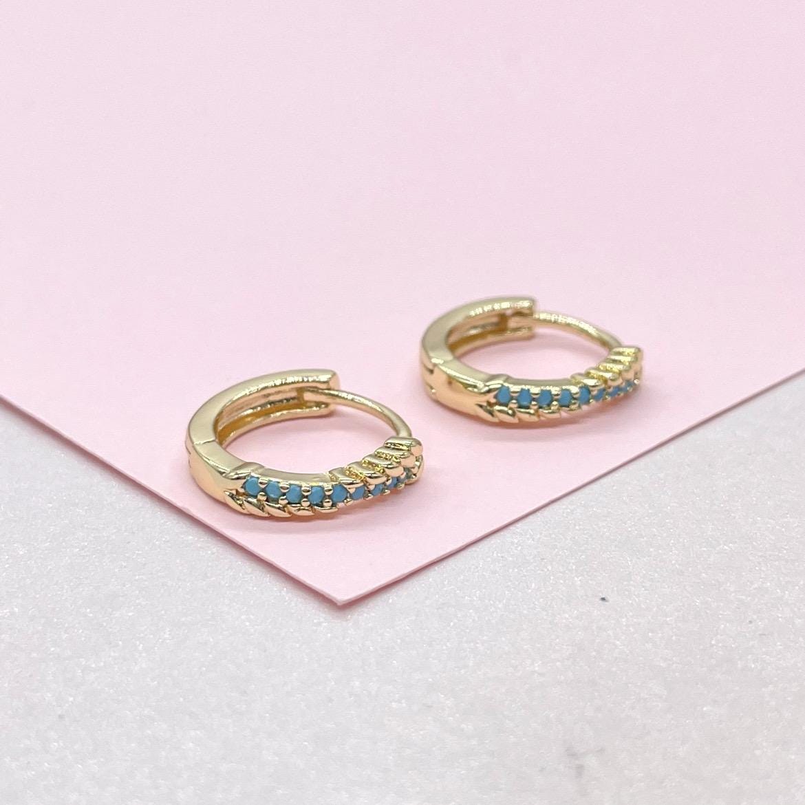 18k Gold Filled Turquoise Pave 15mm Hoop Earrings, Narrow Row Style