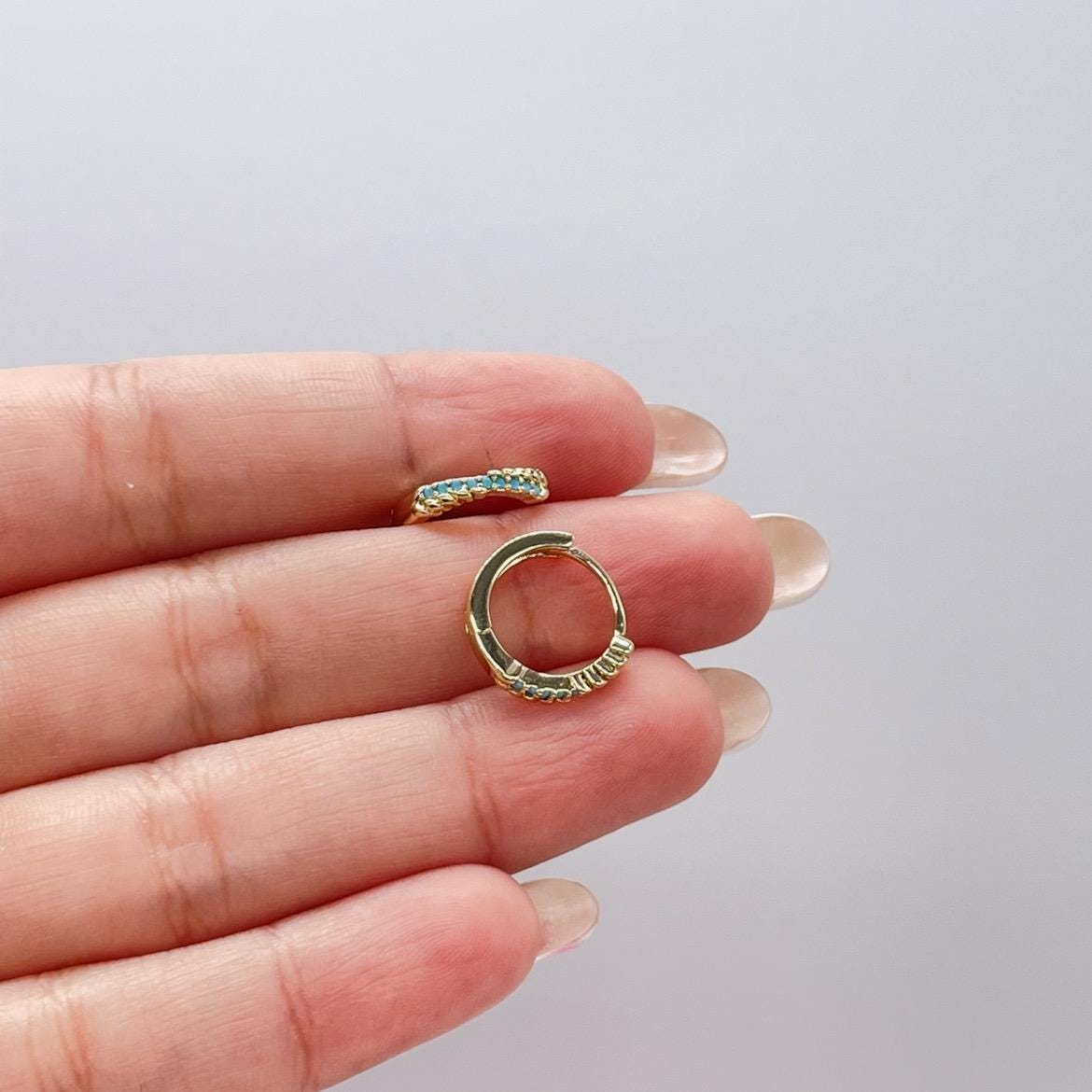 18k Gold Filled Turquoise Pave 15mm Hoop Earrings, Narrow Row Style