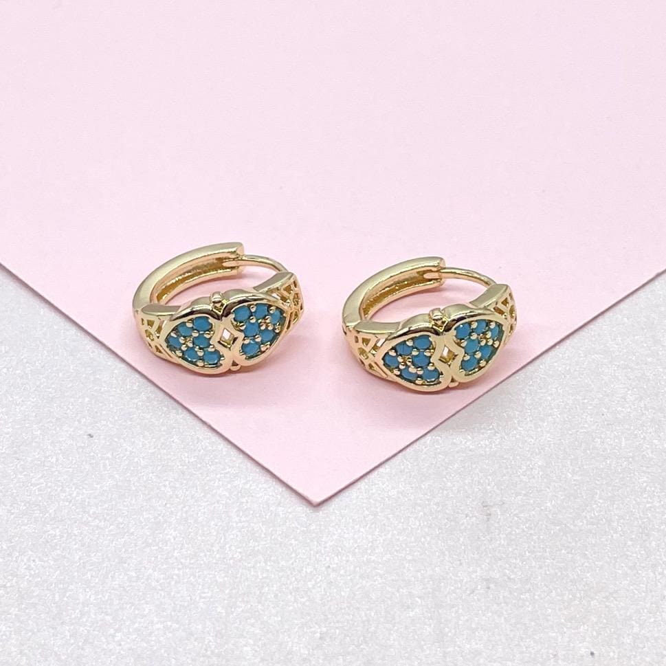 18k Gold Filled Turquoise Double Heart 15mm Hoop Earrings