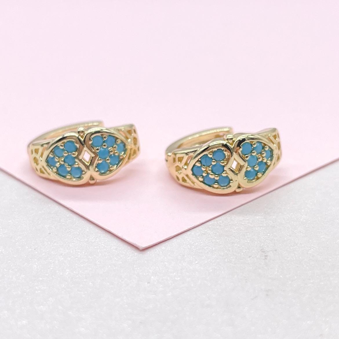 18k Gold Filled Turquoise Double Heart 15mm Hoop Earrings