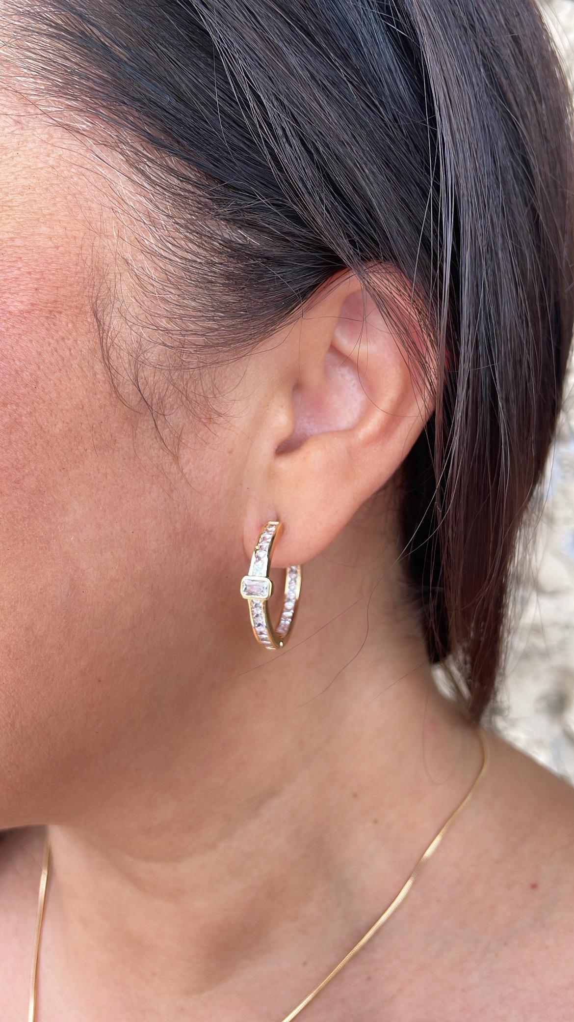 18k Gold Filled Inside & Out Baguette Stone Clicker -Hoop Earrings (26mm)
