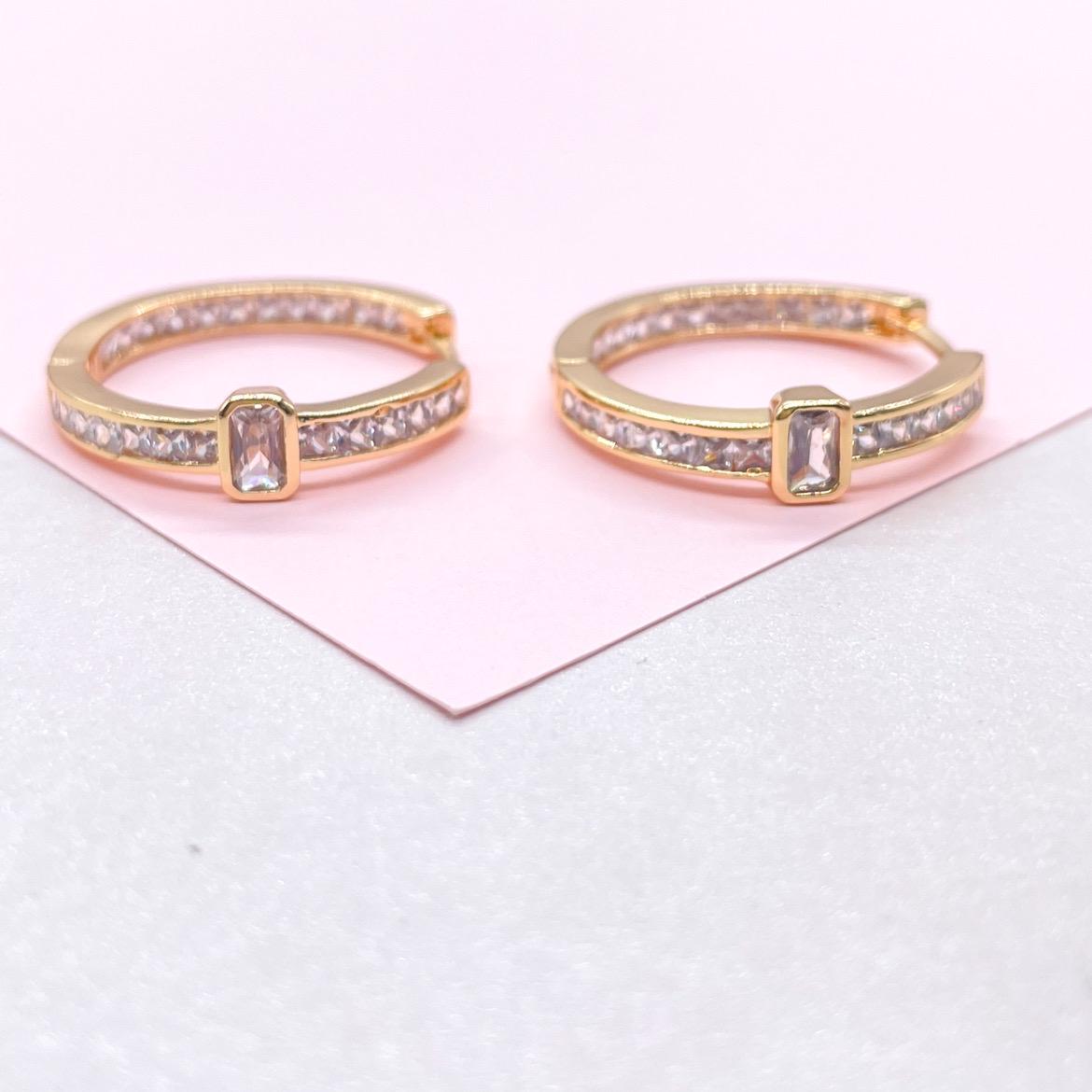 18k Gold Filled Inside & Out Baguette Stone Clicker -Hoop Earrings (26mm)