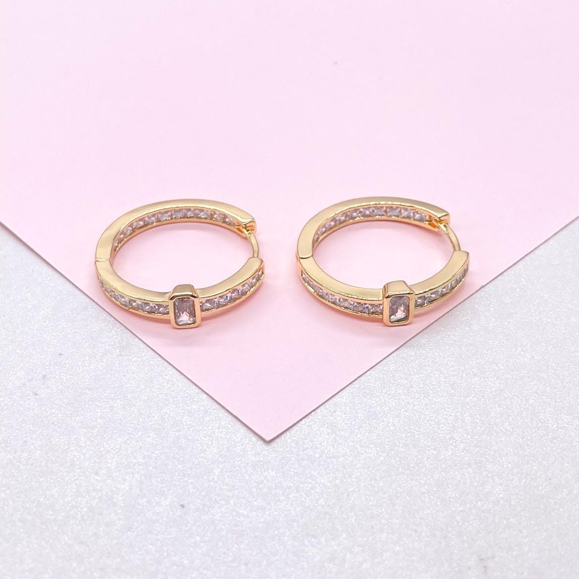 18k Gold Filled Inside & Out Baguette Stone Clicker -Hoop Earrings (26mm)