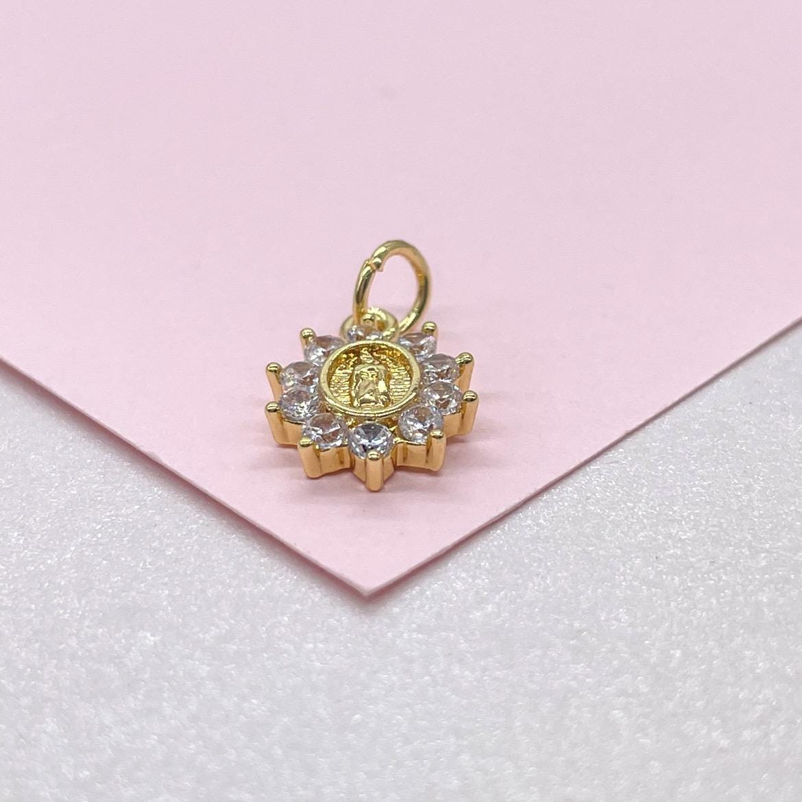18k Gold Filled Virgin Mary Charm Crowned with CZ Stones