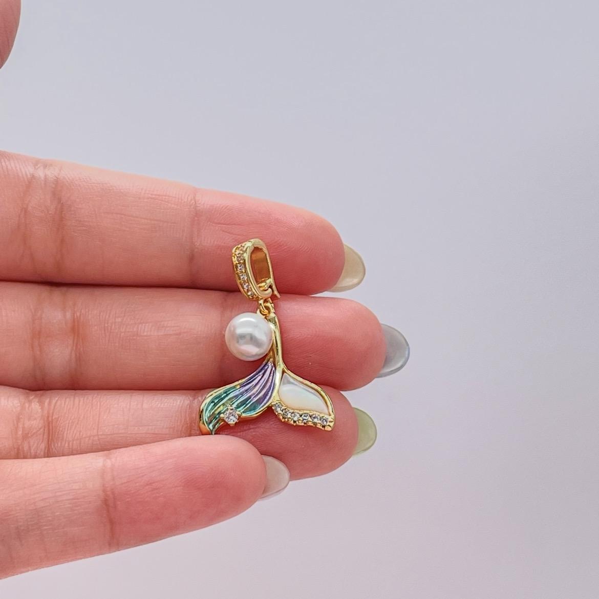 18k goldfilled mermaid tail charm with enamel, Faux Pearl and cz