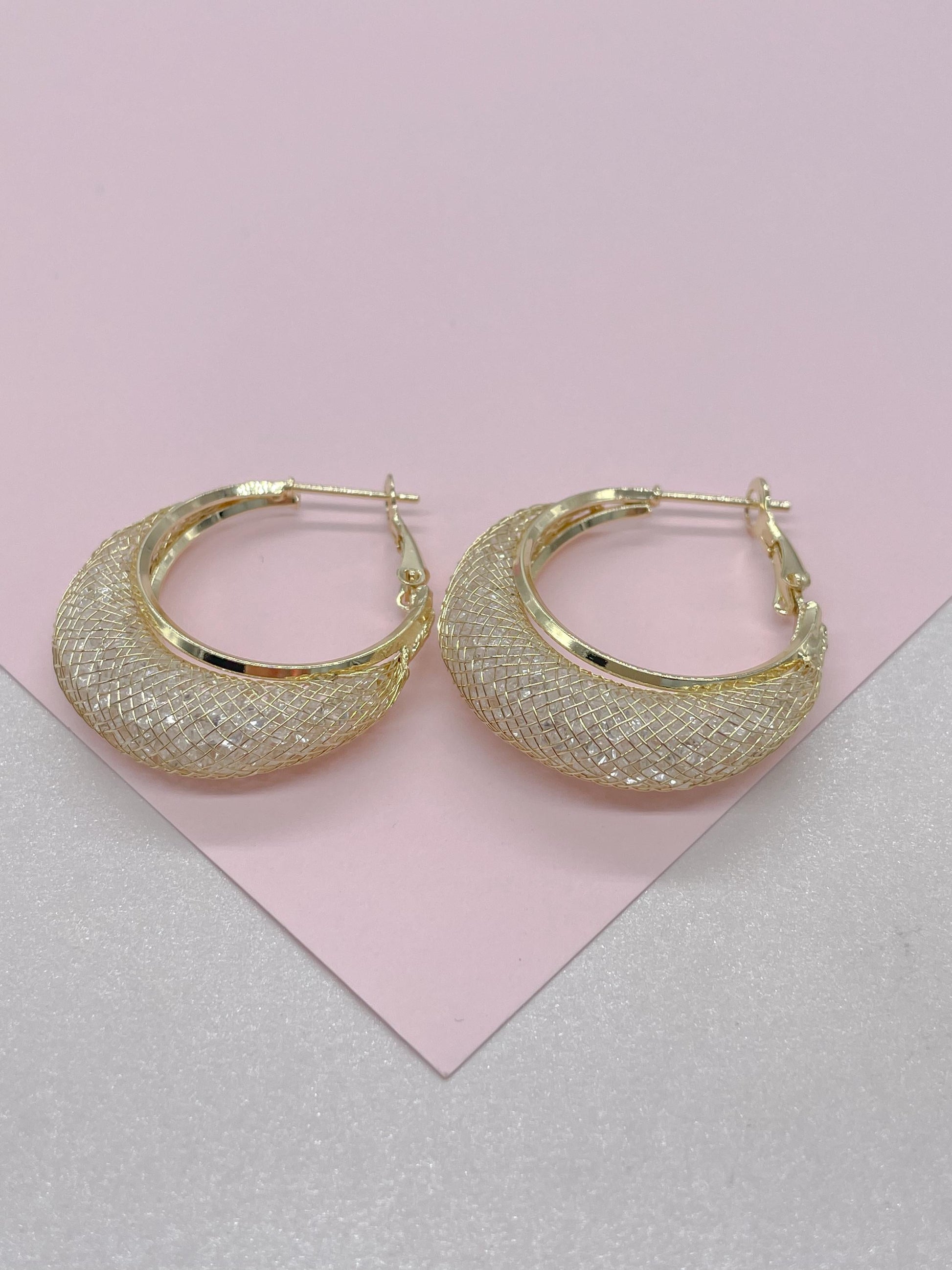 18k goldfilled hoop earring with see through knitted details with CZ