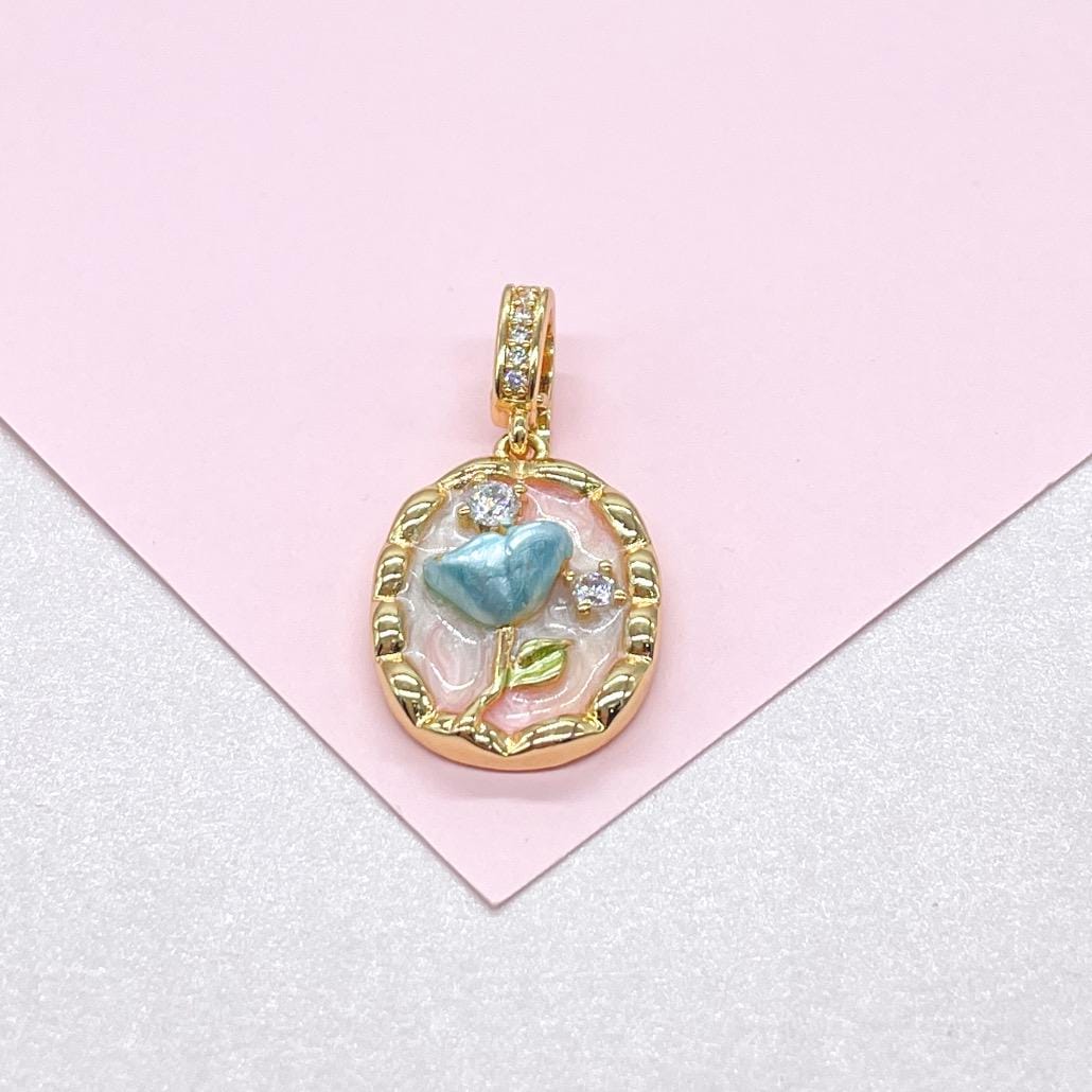 18k Gold Colorful Oval Enamel Heart Charm with CZ