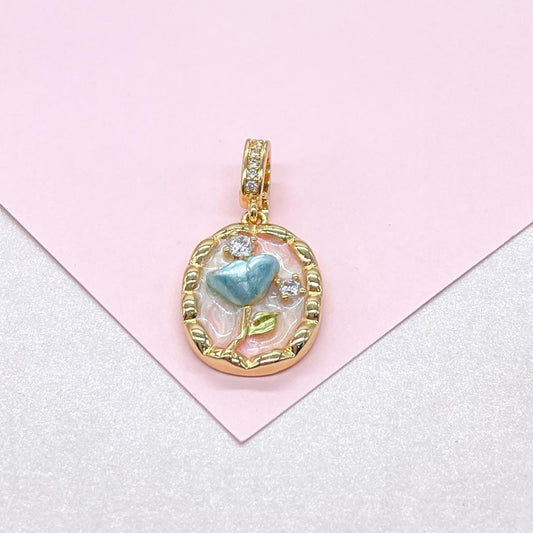 18k Gold Colorful Oval Enamel Heart Charm with CZ