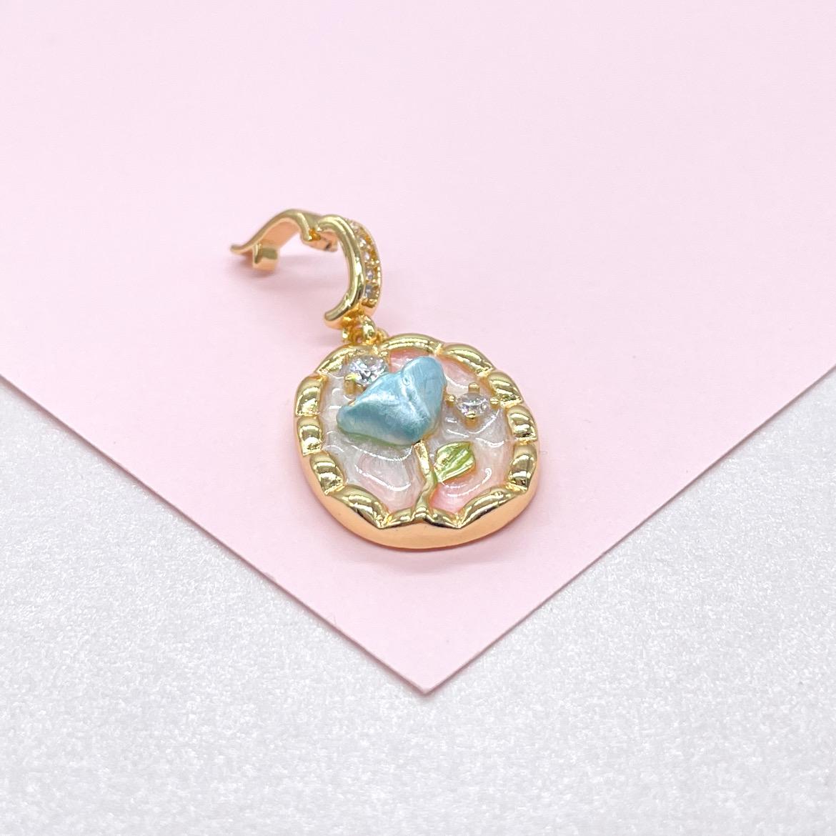 18k Gold Colorful Oval Enamel Heart Charm with CZ