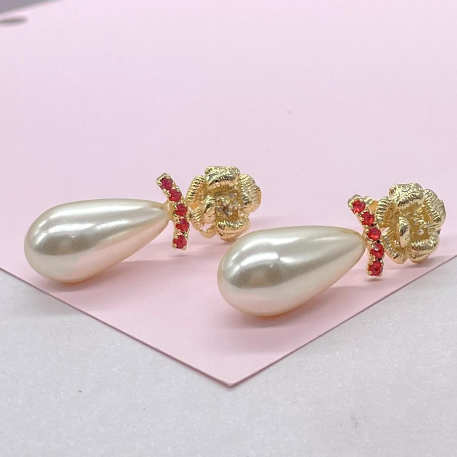 18k Gold Filled Flower & Long Pearl Tear Drop Earring