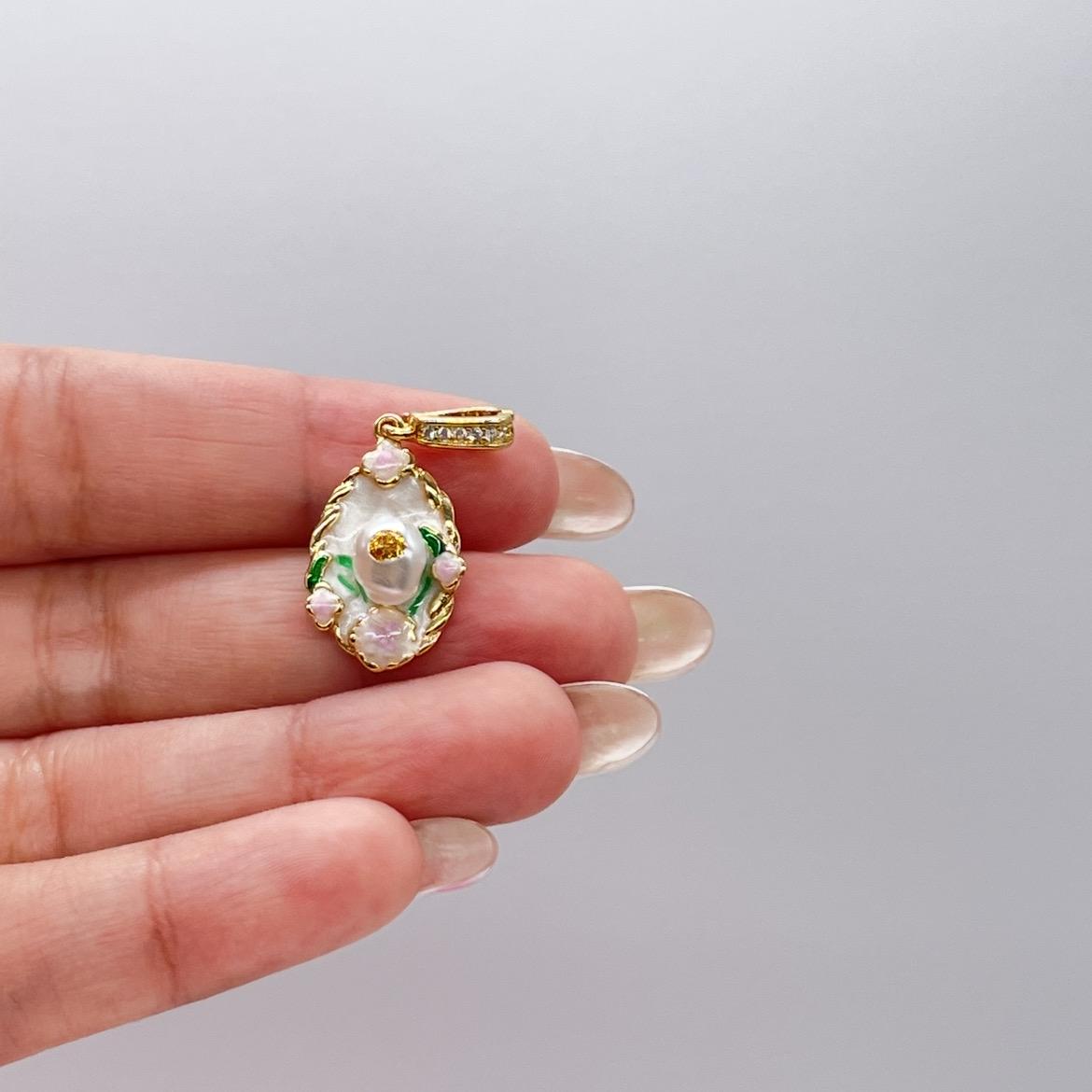 18k Gold Colorful Handmade Enamel Charms with Faux Pearls and Floral Detail