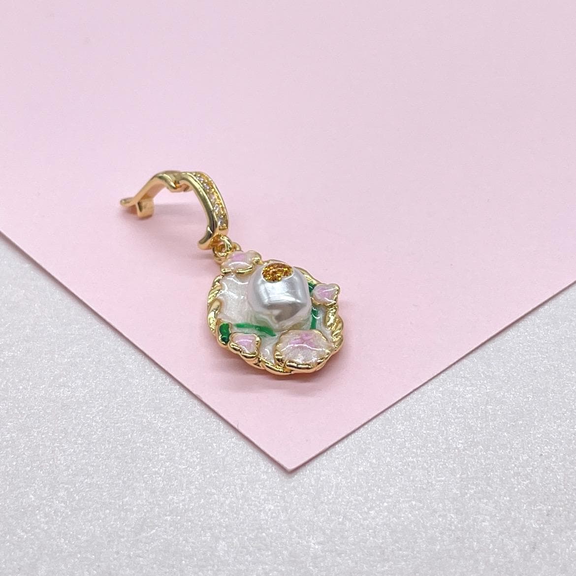 18k Gold Colorful Handmade Enamel Charms with Faux Pearls and Floral Detail