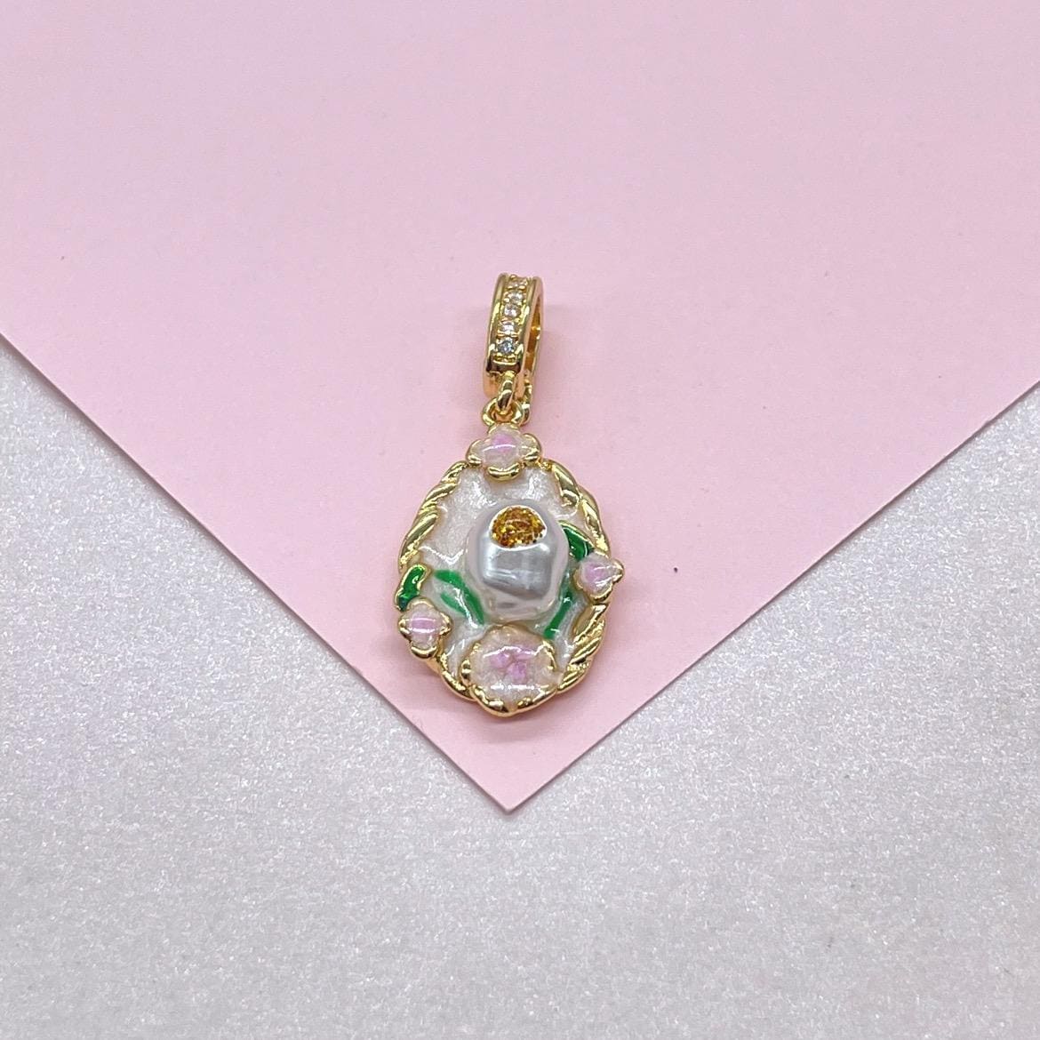 18k Gold Colorful Handmade Enamel Charms with Faux Pearls and Floral Detail